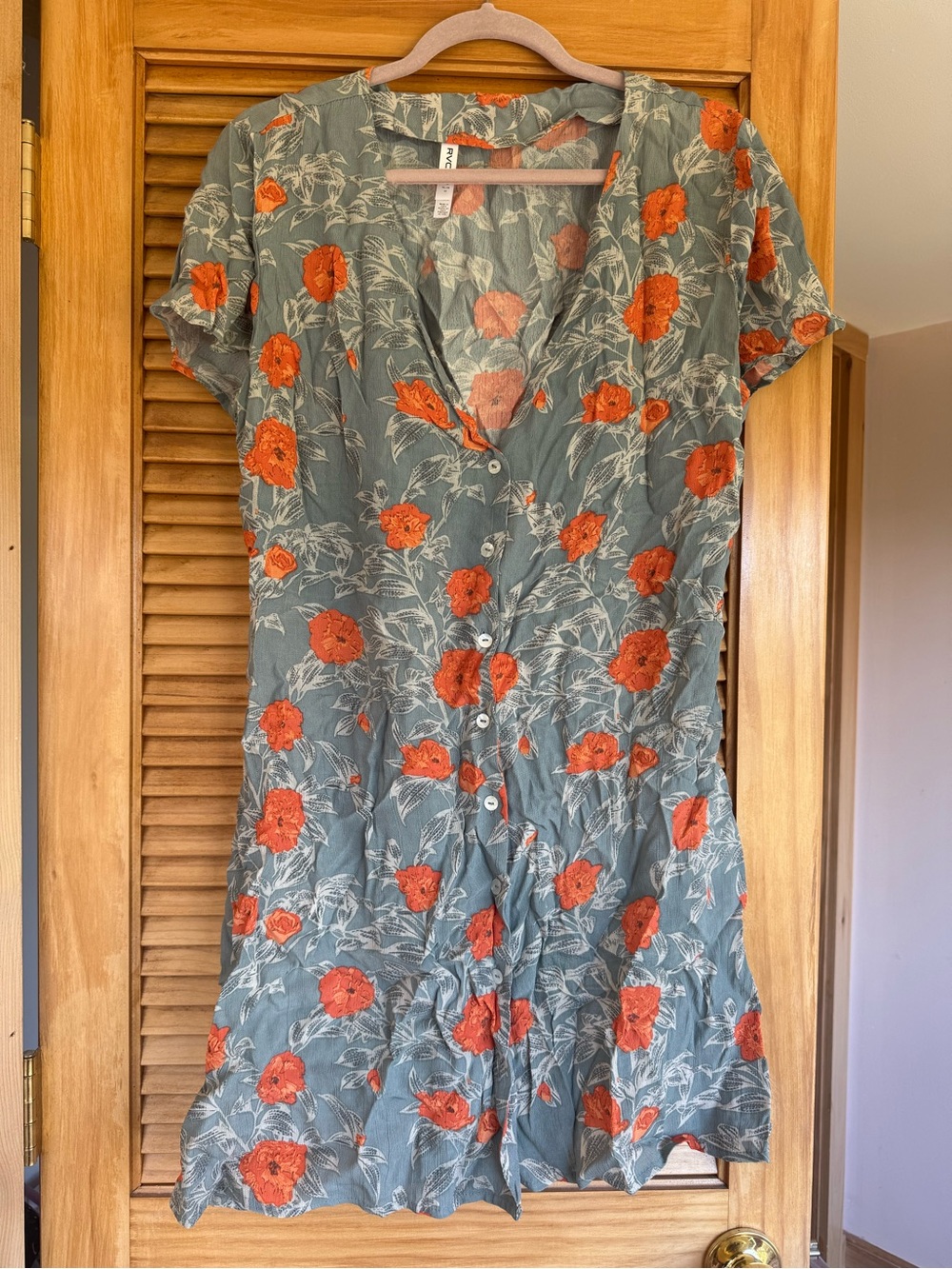 Floral Button-Front Summer Dress in Greenish grey with Orange Poppy Print